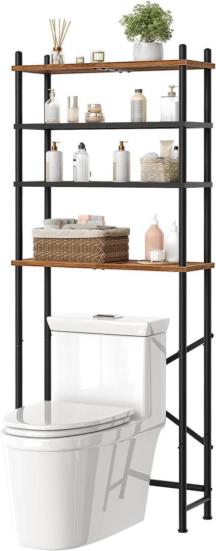 HOOBRO Over The Toilet Storage, 4-Tier Over Toilet Bathroom Organizer, Freestanding Above Toilet Shelf with Adjustable Feet, Space Saving, Easy to Assemble, Rustic Brown and Black BF64TS01, 25"L x 8.7"W x 67.7"H