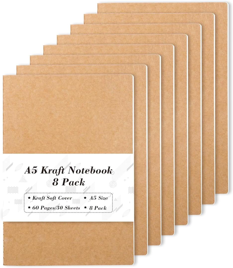 feela 8 Pack A5 Kraft Notebooks, 60 Lined Blank Pages Travel Journal Bulk, Soft Cover Notebooks for Women Girls Students, Making Plans Writing Memos Office School Supplies, 8.3 X 5.5 in