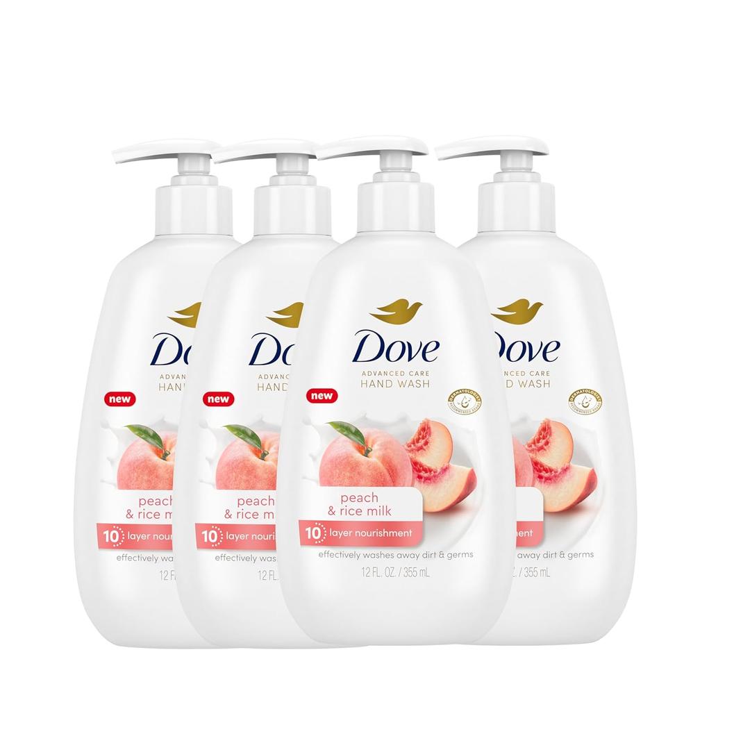 Dove Advanced Care Hand Wash Peach & Rice Milk 4 Count for Washing Away Dirt & Germs While Nourishing Skin 10 Layers Deep, with Moisture Boost 5X Complex, 12 Fl oz