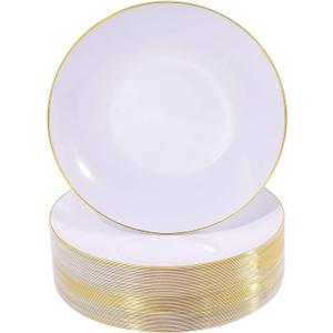 Nervure 100 Pieces Gold Plastic Plates - 10.25 inch Gold Dinner Plates - Heavyweight White and Gold Disposable Plates Ideal for Wedding & Party