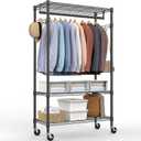 Heavy Duty Rolling Garment Rack 3 Tiers Adjustable Wire Shelving Clothes Rack with Rods and Side Hooks,Storage Closet Clothing Rack with Wheels Black 15.7" D x 29.5" W x 74.5" H (3 Tier with 1 rod, 15.7"D x 29.5"W x 74.5"H)