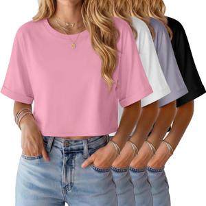 Oakgarden 4 Pack Women's Crop Tops Oversized T Shirt Half Sleeve Summer Tees Casual Loose Fit Crew Neck Basic Shirts (Black, White, Blossom Pink, Gray) S