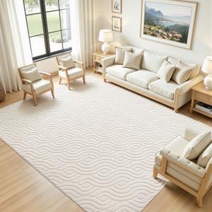 SHACOS 8x10 Large Area Rugs for Living Room Beige Solid Color Soft Fluffy Rug for Bedroom Non Slip Washable Indoor Mat Floor Carpet for Kids Room Nursery Office, High-Low Pile Boho Modern Rug, 810