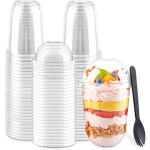 Zezzxu 50 Pack 16 oz Plastic Dessert Cups with Dome Lids (No Hole) and Sporks, Clear Disposable Fruit Cups with Lids for Yogurt Parfait Ice Creams Pudding Cakes