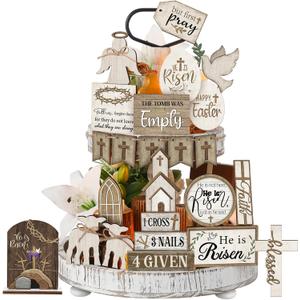 24 Pcs Easter Tiered Tray Decor Religious Easter Decorations He is Risen Cross Tray Decoration Sets Christian Cross Table Wooden Sign Farmhouse Table Decor for Home Kitchen Office Holiday