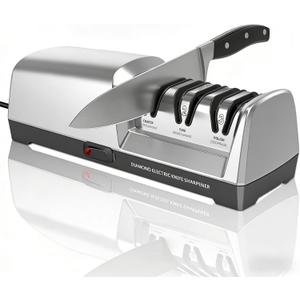 Electric Knife Sharpener 3 Stage, With 100% Diamond Abrasives and 15 Precision Angle Guides, Knife Sharpener Electric for all Kitchen Knives, Super Quiet Sharpenning and Polishing, Silver