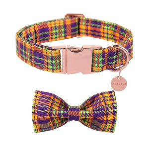 2 Pack Halloween Dog Collar with Bow Tie, Halloween Bowtie Collar for Small Girl Boy Dog, Fall & Winter Dog Collar with Durable Metal Buckle, Cute Plaid Pet Collar, XL