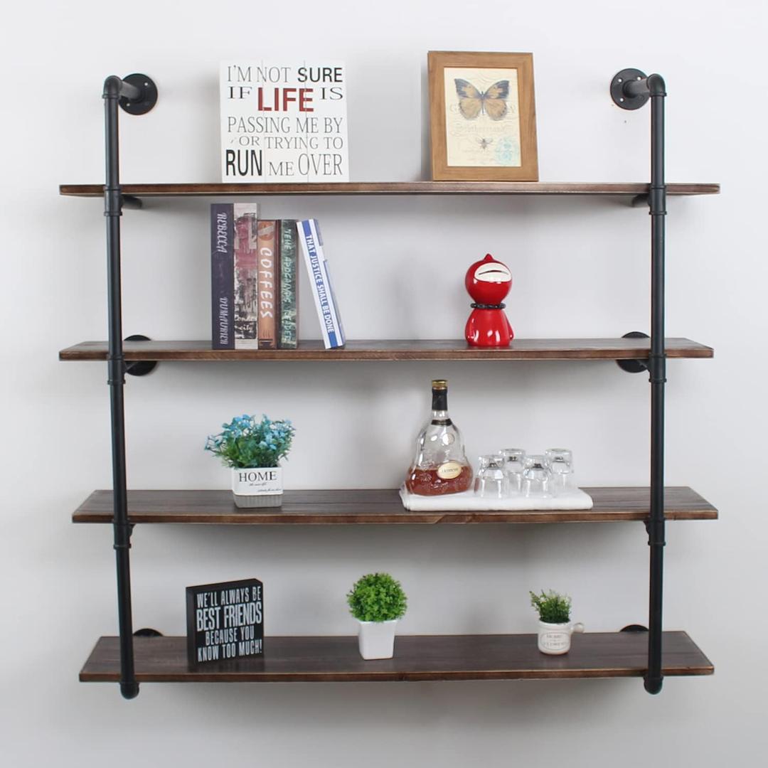 MBQQ Industrial Retro Pipe Shelf 48in 4 Tier Wall Mounted,Rustic Floating Shelves,Farmhouse Kitchen Bar Shelving,Home Decor Book Shelves,DIY Bookshelf Hanging Wall Shelves,Black