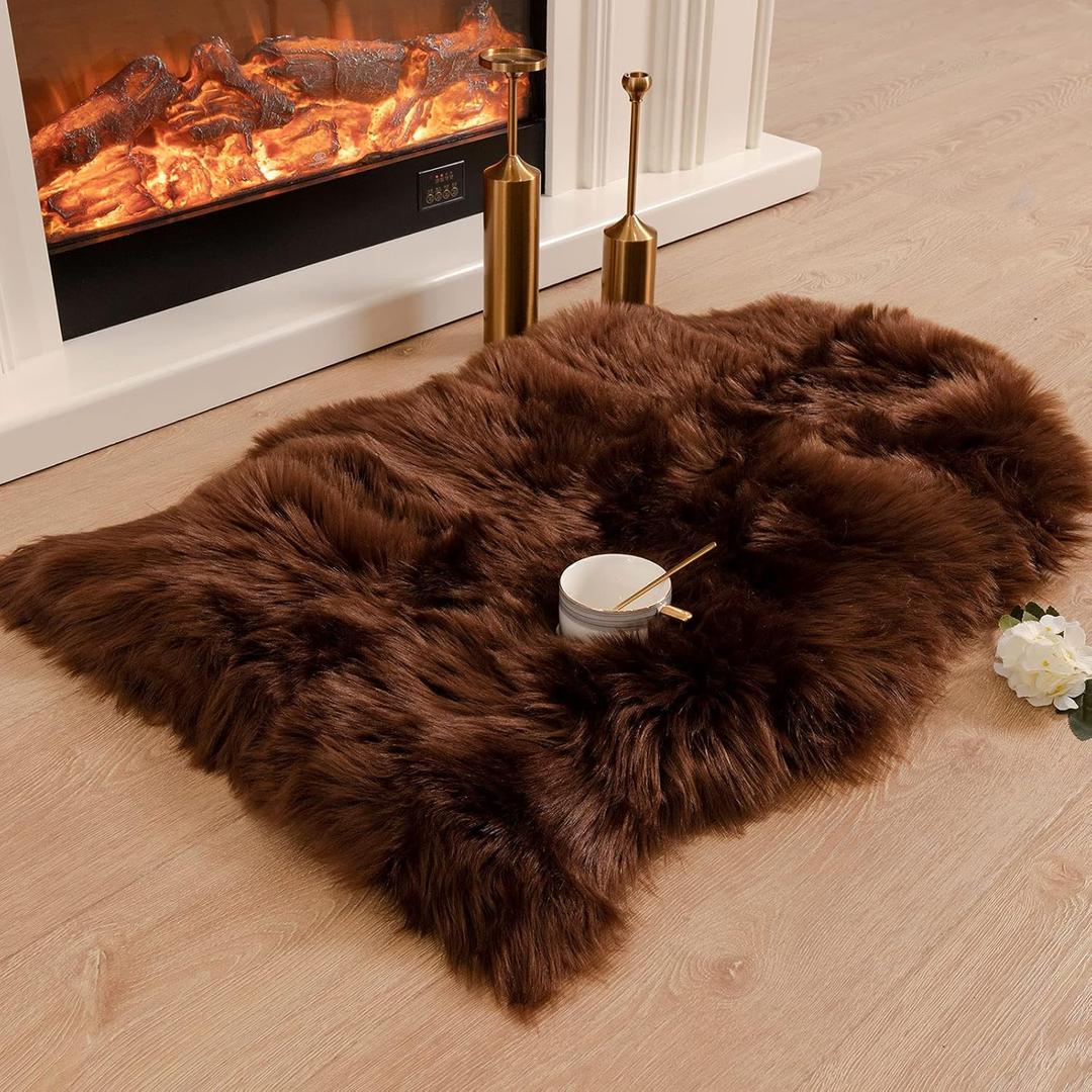 Carvapet Luxury Soft Faux Sheepskin Area Rug for Chair Cover Bedroom Living Room Plush Fake Fur Seat Pad with Non Slip Backing 2 x 3 Ft Brown
