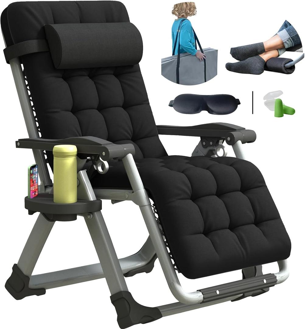YOMIFUN Zero Gravity Lounge Chair XL, Oversized 29” Width Padded Recliner Chair W/ Removable Cushion & Storage Bag, Footrest Cushion, Cup Holder, Adj Headrest for Indoor Outdoor, Black