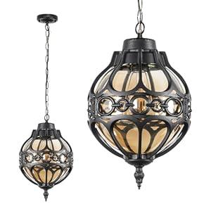 Zanritelit Globe Outdoor Pendant Lights for Porch Patio Entryway, Black Aluminum Anti-Rust Hanging Light Fixture, Round Exterior Chandelier with Amber Glass, Outside Pendant Lamp Lantern
