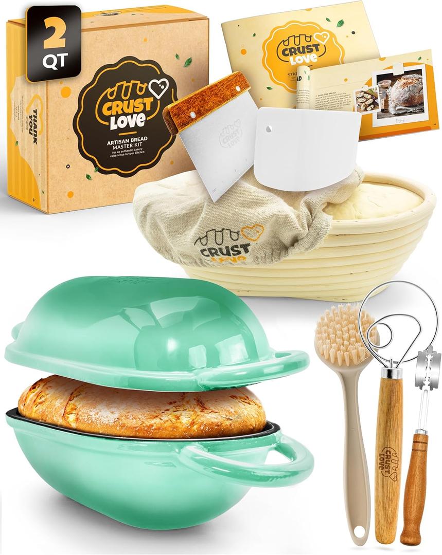 CRUSTLOVE Loaf Pan for Bread Baking - incl. Sourdough Bread-Baking Supplies like Banneton Bread-Proofing Basket - 2QT Enameled Oval Cast Iron Dutch Oven, Bread-Oven, Sour Dough Bread-Baking-Pan Tools