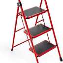 KINGRACK Step Ladder, 3 Step Ladder with with Anti-Slip and Wide Pedal, Portable Foldable Step Stool with Handgrip, Tall Sturdy Step Ladder for Home Kitchen Household, Red