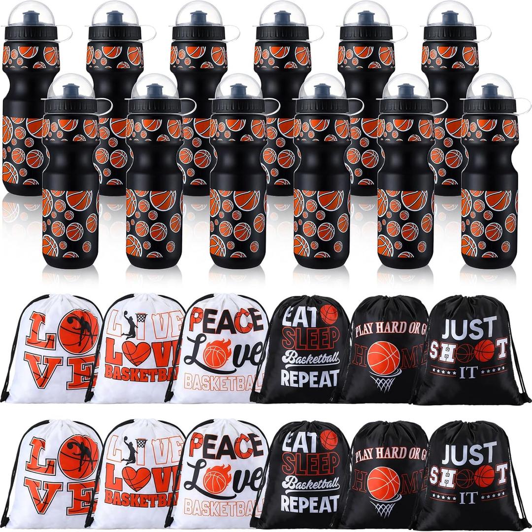 Hosuly 24 Pcs 24 oz Basketball Water Bottle Bulk and Drawstring Bag Set 12 Reusable Plastic Biking Water Bottle Tumbler 12 Sport Gym Goodie Gift Bag for Party Favor (Orange, Black) (Orange, Black)
