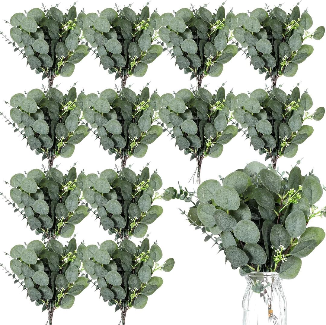40 Pieces Artificial Eucalyptus Leaves Stems Greenery Fake Silver Dollar Eucalyptus Stems Faux Eucalyptus Plant Branches for Wedding Holiday Greens Bouquets Decoration