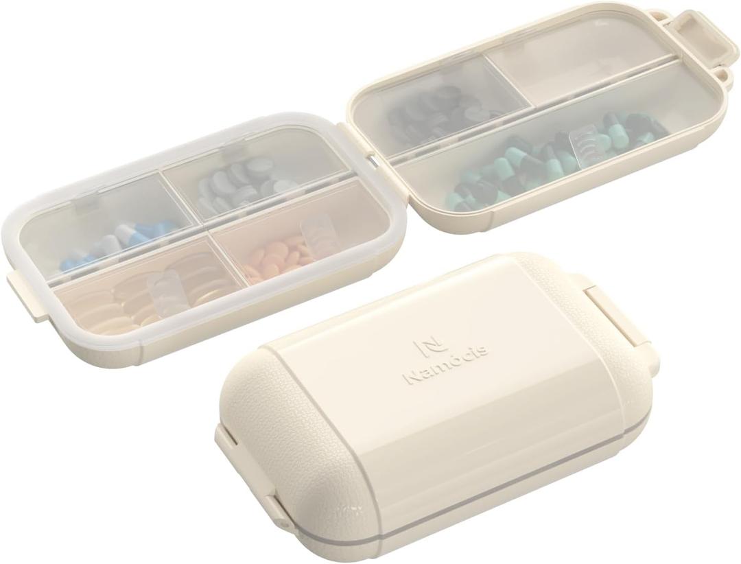 Portable Pill Organizer, Pill Box with 7 Compartments, Small Pill Case for Travel, Daily Medicine Pill Organizer with Air-Tight Lid (White)