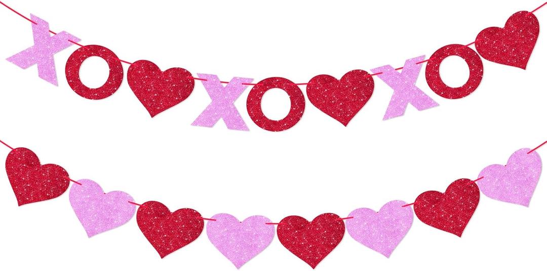 G2PLUS Valentines Day Banner, Glitter Red Pink Heart Party Banner, Pre-Strung XOXO Paper Bunting Flag Garlands for Valentines Day, Anniversary, Wedding, Home Decoration & Photo Backdrop