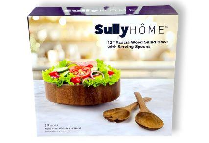 SullyHÔME 12" Acacia Wood Salad Bowl with Serving Spoons
