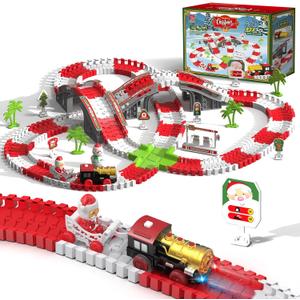 Christmas Race Tracks Toy Sets with 233 Accessories, Tracks Sets Toys Suitable for Child Age 3+,Christmas Theme Race Car Sets Toys Includ Flexible Tracks Electric Train with Lights Gift for Boys&Girls