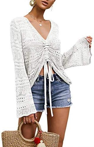 Saodimallsu Womens Boho Off Shoulder Sheer Crop Tops Bell Sleeve Flowy Oversized Crochet Ruched Pullover Sweaters, L
