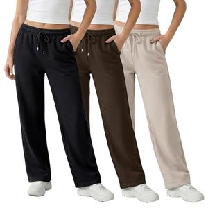 Common Stitch 3 Pack Straight Leg Fleece Lounge Sweatpants for Women Deep Pockets, Relaxed Fit, Elastic Drawstring Waist, M