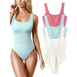 OQQ Women's 3 Piece Bodysuits Sexy Ribbed Sleeveless Square Neck Tank Tops Leotard 2025 Trendy Outfits (Large)