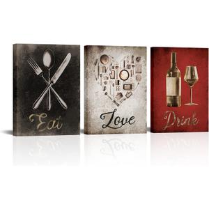 VANSEEING Kitchen Wall Art Eat Drink Love Wall Decor Canvas Fork Knife Pictures Vintage Black and Red Painting Artwork Prints for Dining Room Restaurant Home Decor 12x16inchx3pcs