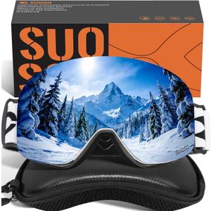 suoso OTG Ski Goggles for Men and Women, Frameless Magnetic Snowboard Goggles Anti Fog UV400 Protection Snow Glasses (C02-white & Silvery)