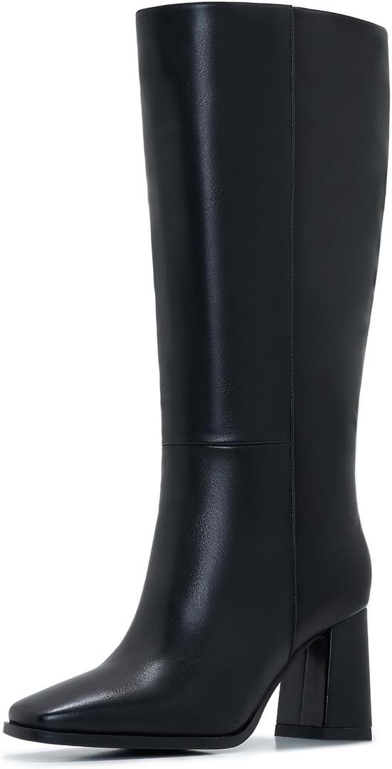 Knee-High Boots for Women - Wide Calf Boots with Zipper, Square Toe Tall Leather Boots, Chunky Heel Fashion Long Boots (Black)