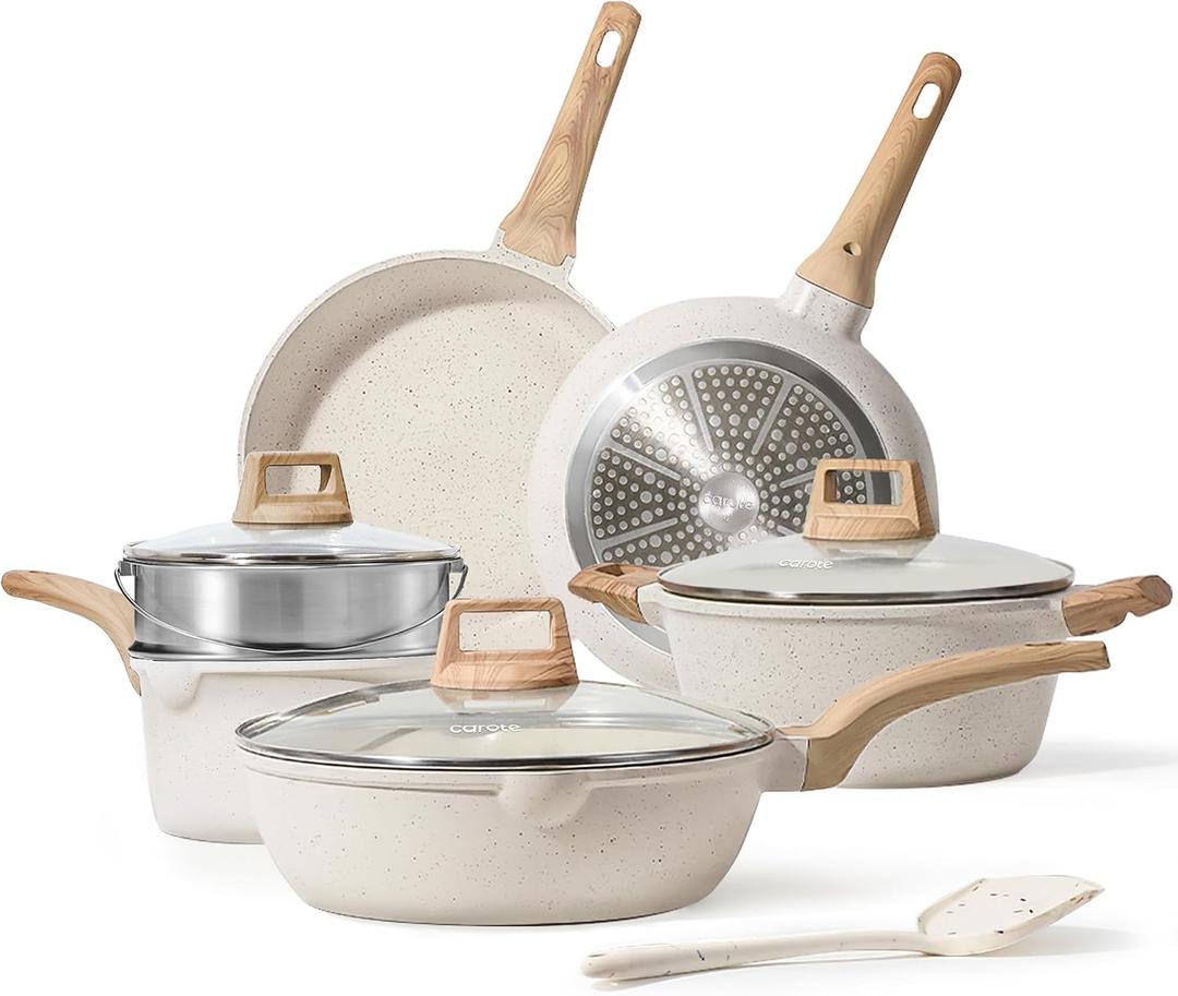 CAROTE Pots and Pans Set Nonstick, White Granite Induction Kitchen Cookware Set, 10 Pcs Non Stick Cooking Set w/Frying Pans & Saucepans (PFOS, PFOA Free)