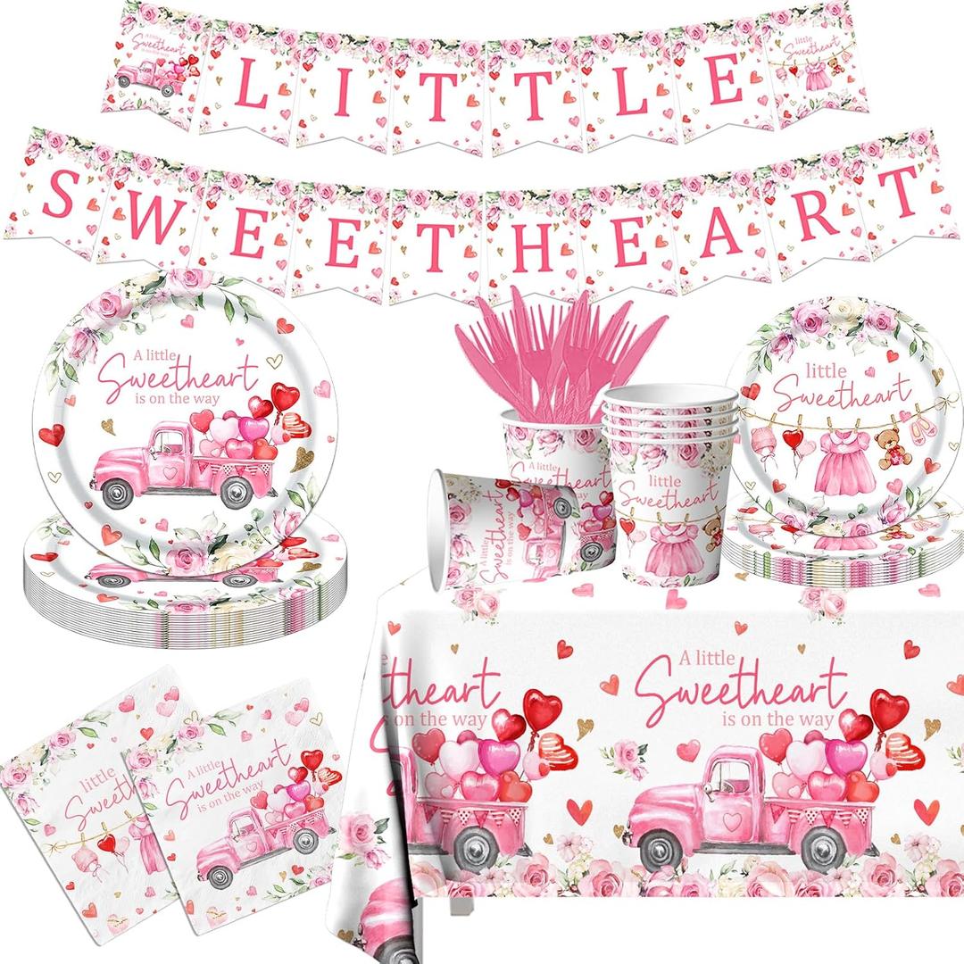 142Pcs A Little Sweetheart is On The Way Baby Shower Decorations Valentines Baby Shower Decorations Pink Little Sweetheart Tableware Sets Valentines Decor