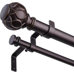 Bronze Double Curtain Rod, 36 to 72 Inch Dual Curtain Rods with Netted Texture Finials, Decorative 1 Inch Adjustable Window Treatment Rods, Red Brown Vintage Farmhouse Double Drapery Pole