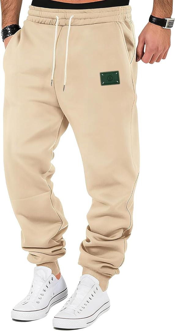 TAFLE Men's Fleece Sweatpants Warm Winter Pants Athletic Drawstring Jogger Pants with Pockets (Large, Khaki)