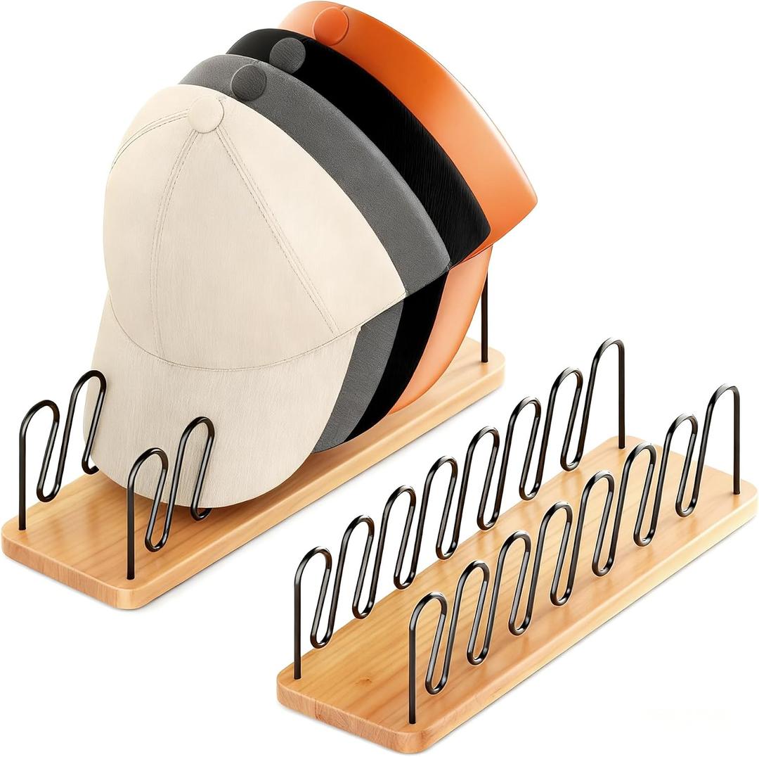 UdoUto Hat Organizer for Baseball Caps-2 PacK | Wood & Metal Hat Rack Holds 14 for Baseball Caps | Space-Saving Closet Shelf Organizer for Bedroom, Dresser, Entryway