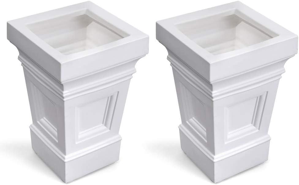 Step2 Atherton Square Planter, Large Planters for Outdoor Plants, Gardening and Flower Pot for Patio or Porch, Efficient Drainage, Durable Plastic, White, 2-Pack