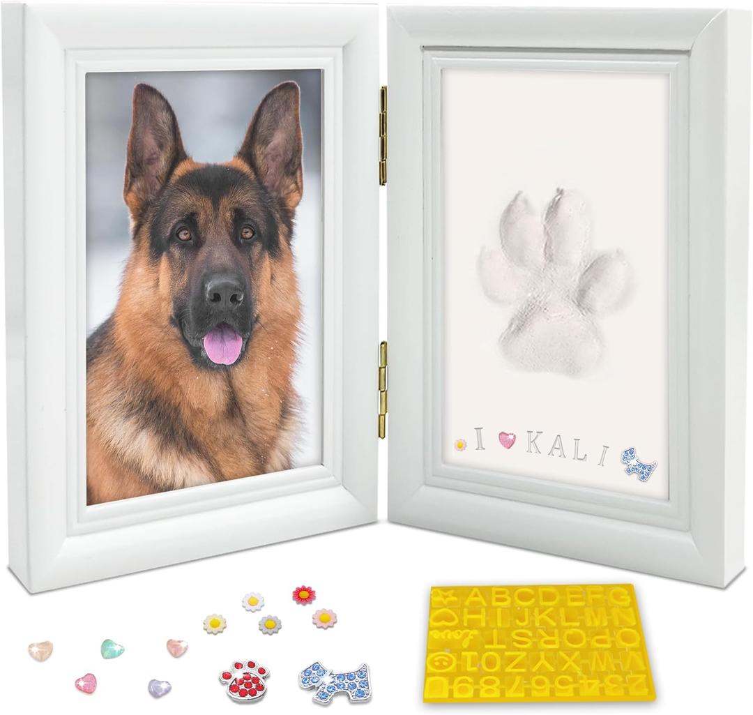 MYPAWLETS Dog or Cat Paw Print Frame Kit with Trinkets,Large Pawprint Area,Pet Paw Print Impression kit with Soft Clay,Wooden Dog Picture Frame,Personalized Gift Keepsake for Pet Lovers-Large White
