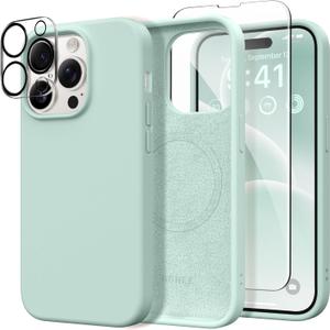 GONEZ for iPhone 14 Pro Case, Compatible with Magsafe, with Screen Protector + Camera Lens Protector, Soft Anti-Scratch Microfiber Lining, Shockproof Liquid Silicone Phone Cover, Mint Green