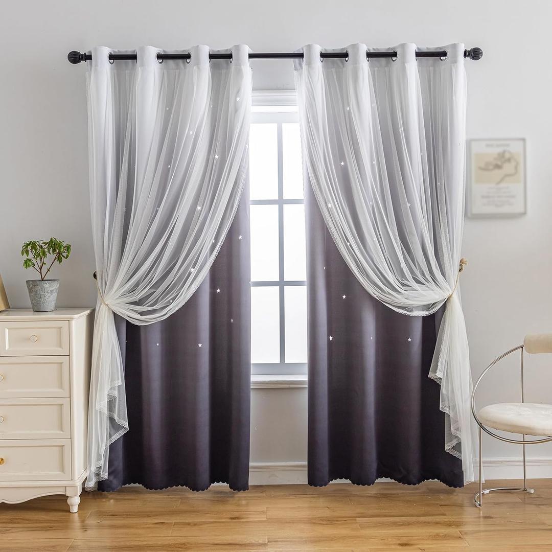 Anytime Dream Star Blackout Curtains for Kids Rooms Girl Princess Curtain for Daughter Bedroom Window (Dark Grey,1 Panel,W52 x L63inch)