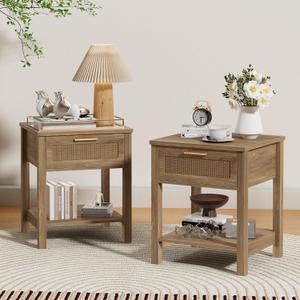 Rattan Nightstand Set of 2, Natural Style Night Stand with Drawer and Open Shelf, Perfect as a Side Table for Bedroom Small Spaces Office, Retro Brown