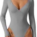 QINSEN Women's Long Sleeve Bodysuit V Neck Body Suits Seamed Cup Going Out Tops Shirt (Gray, XL)