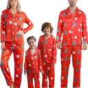 Matching Family Christmas Pajamas Set, Silk Satin Long Sleeve Button Down Comfy Loungewear for Couples, Men, Women (Red, L)