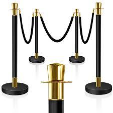 8PCS Top Crown Decoration Black-Gold Stanchions Posts with 4PCS 5 ft Black Velvet Rope, Red Velvet Rope Stanchion Set Crowd Control Barriers, Stanchions and Velvet Ropes Red Carpet Poles for Party