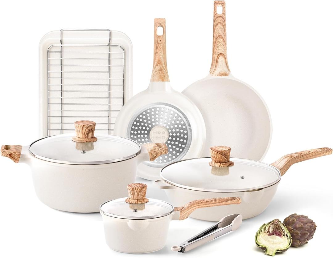 Pots and Pans Set - Caannasweis Nonstick Granite Stone Cookware Sets, Induction Frying Pans for Cooking, PFOS PFOA Free, Baking or Roasting Gray