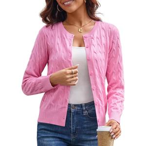 GRACE KARIN Womens Long Sleeve Button Up Cable Knit Cardigan Lightweight 2026 Crewneck Button Down Sweaters for Women (Large, Pink)