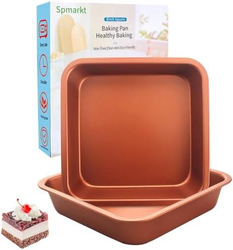 Spmarkt 2-Pack 8 inch Square Cake Pan, 8x8 Baking Pan, Cornbread Square Baking Pan, Nonstick Carbon Steel Square Brownie Pan, BPA Free, Easy to Clean — Champagne Gold