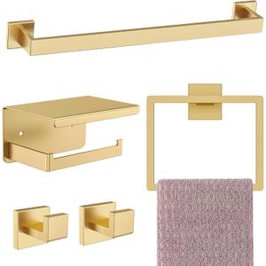 Brushed Gold Bathroom Hardware Set, 5-Piece Gold Towel Bar Set Stainless Steel Towel Holder Set 16 Inch Towel Bar Towel Rack Set for Bathroom, Wall Mounted