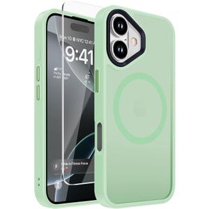 DEERLAMN Magnetic Matte Case for iPhone 16 with Screen Protector, [Compatible with MagSafe][Military Grade Drop Protection] Slim Translucent Shockproof Protective Phone Cover, Green