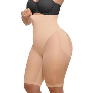SHAPELLX Butt Lifting Shapewear for Women Tummy Control Body Shaper Faja Shorts High Waisted Girdle Mesh Compression Panties (Large, A2-beige-above-knee Shorts)