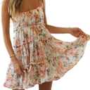 Gihuo Womens Floral Mini Dress Boho Flowy Skater Spaghetti Strap Ruffle Sleeveless Beach Dress 2024 Summer Sundresses (Medium, Orange Flower)