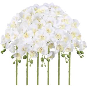 6PCS White Orchids Artificial Flowers 27 Silk Faux Orchids Fake Flowers with Stems for Floral Arrangements Home Wedding Dining Table Party Garden Decoration(White)